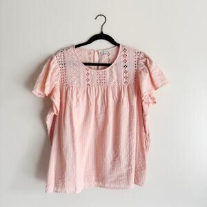 Ella Moss Pink Short Sleeve Eyelet Lace Ruffle Cotton Blouse - XXL